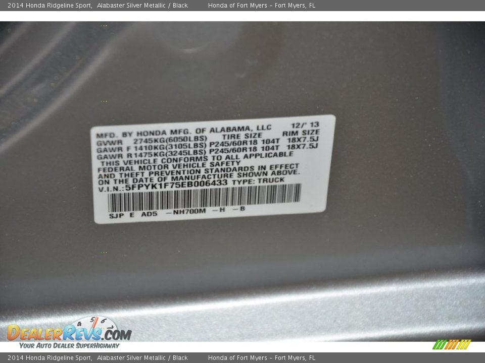 2014 Honda Ridgeline Sport Alabaster Silver Metallic / Black Photo #33