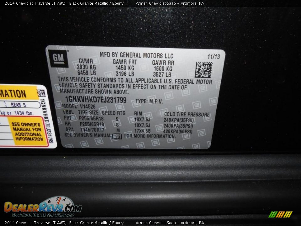 2014 Chevrolet Traverse LT AWD Black Granite Metallic / Ebony Photo #14