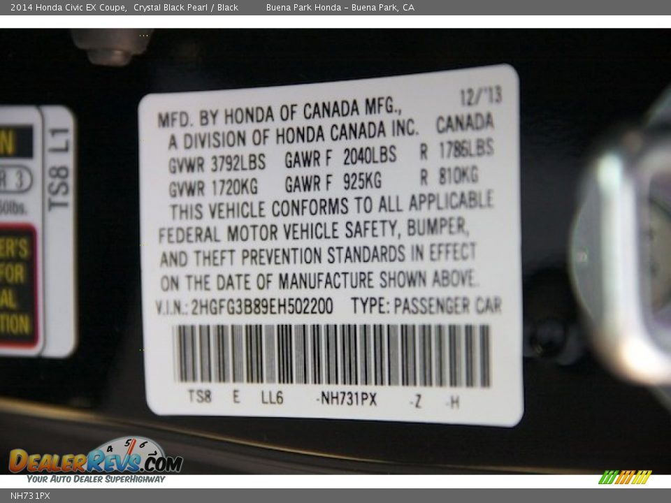 Honda Color Code NH731PX Crystal Black Pearl