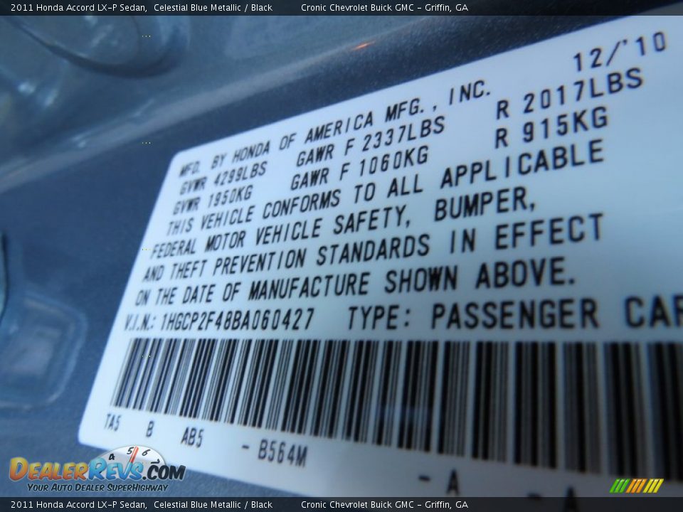 2011 Honda Accord LX-P Sedan Celestial Blue Metallic / Black Photo #22
