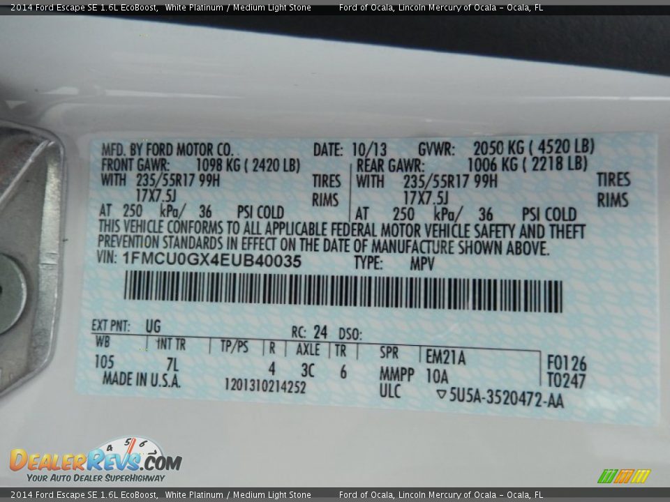 2014 Ford Escape SE 1.6L EcoBoost White Platinum / Medium Light Stone Photo #12