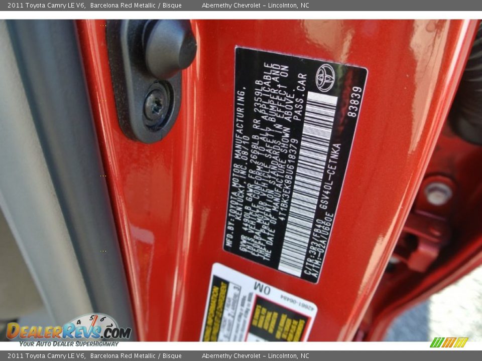 2011 Toyota Camry LE V6 Barcelona Red Metallic / Bisque Photo #7