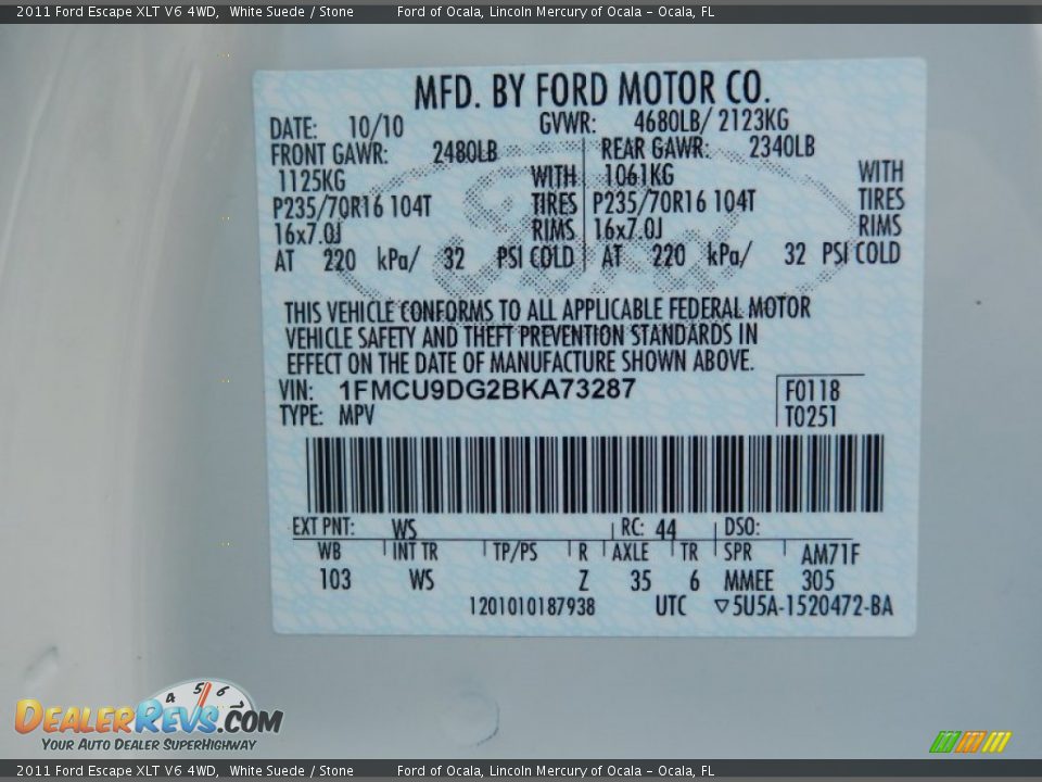 2011 Ford Escape XLT V6 4WD White Suede / Stone Photo #27