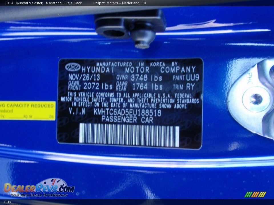 Hyundai Color Code UU9 Marathon Blue