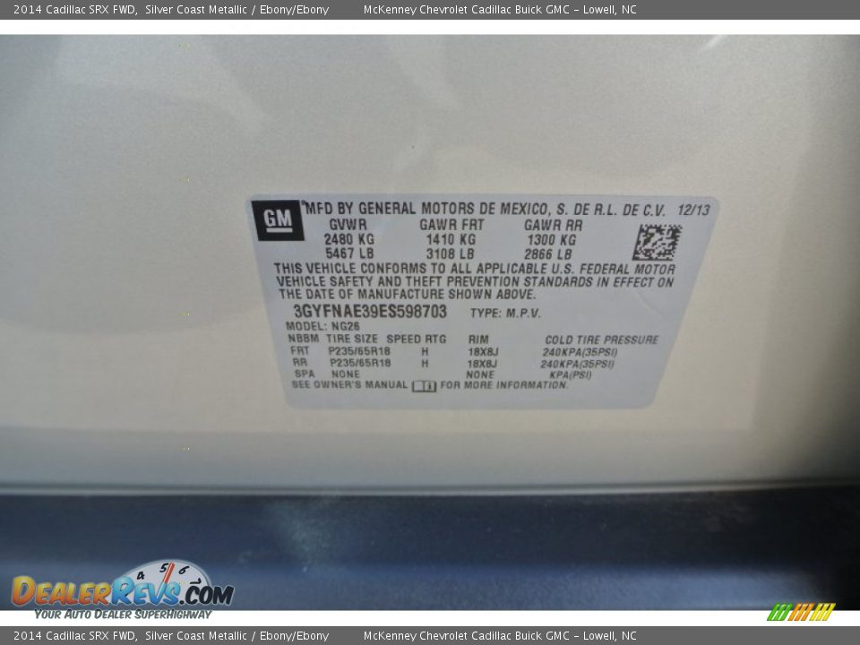 2014 Cadillac SRX FWD Silver Coast Metallic / Ebony/Ebony Photo #7