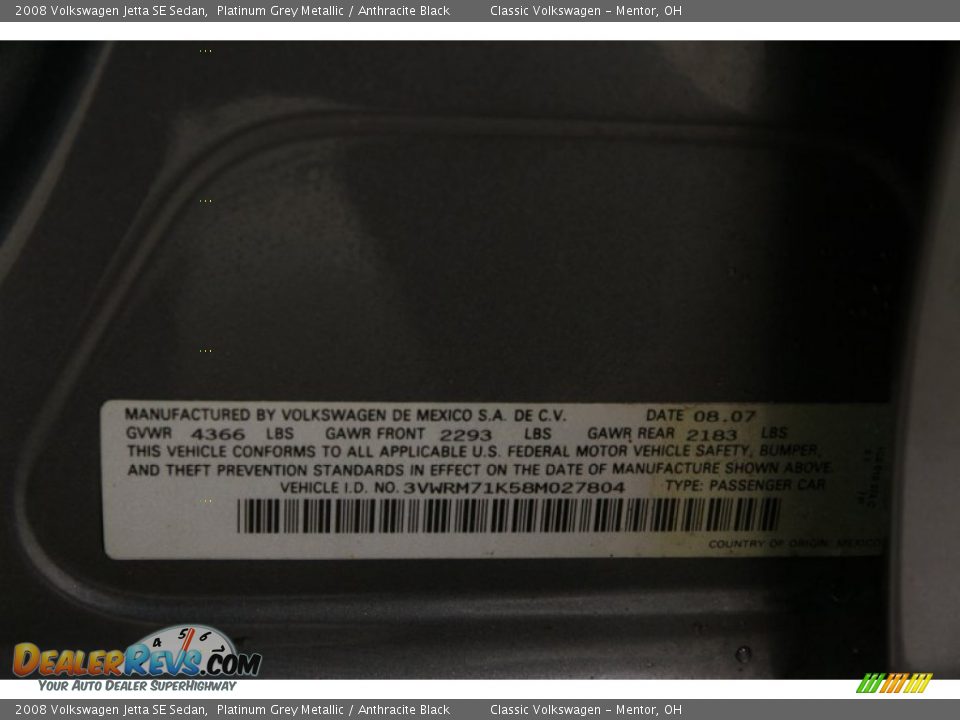 2008 Volkswagen Jetta SE Sedan Platinum Grey Metallic / Anthracite Black Photo #19