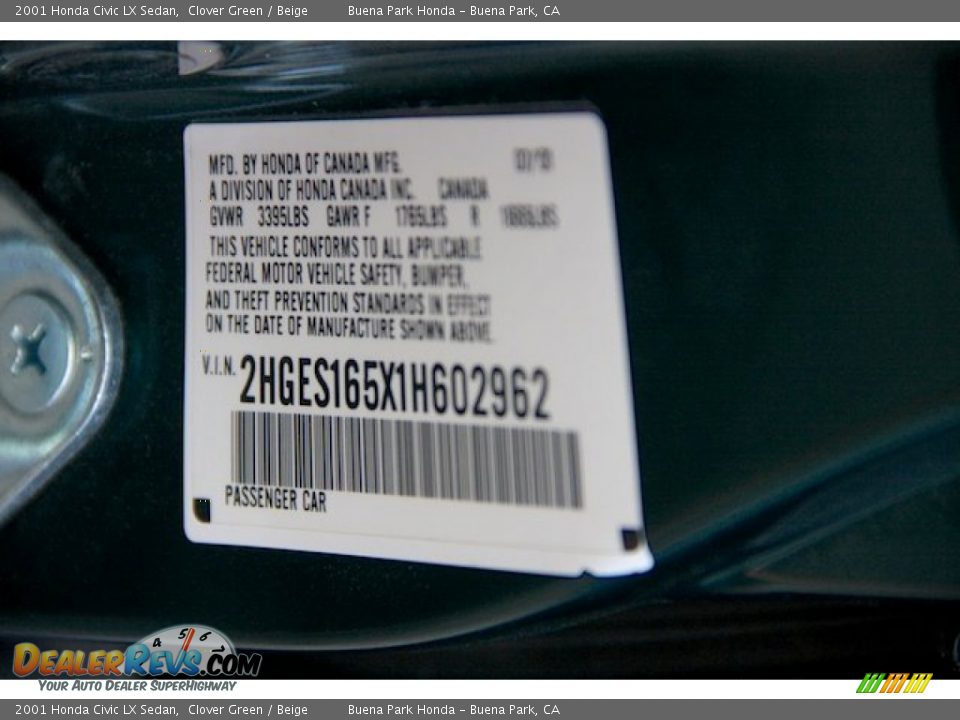 2001 Honda Civic LX Sedan Clover Green / Beige Photo #32