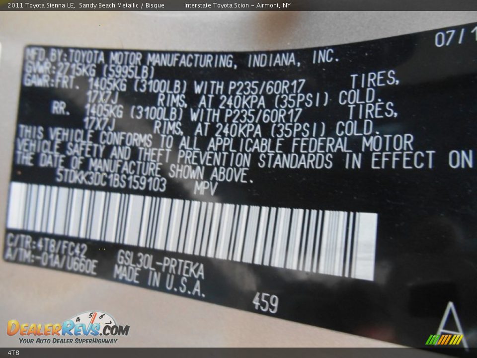 Toyota Color Code 4T8 Sandy Beach Metallic