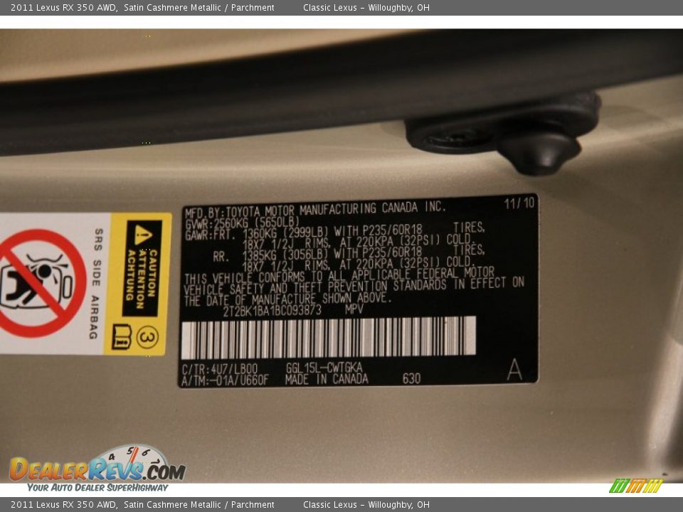 2011 Lexus RX 350 AWD Satin Cashmere Metallic / Parchment Photo #27