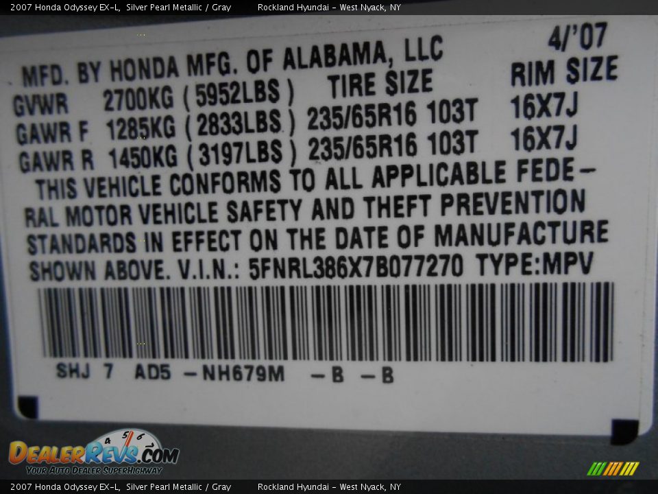 2007 Honda Odyssey EX-L Silver Pearl Metallic / Gray Photo #29