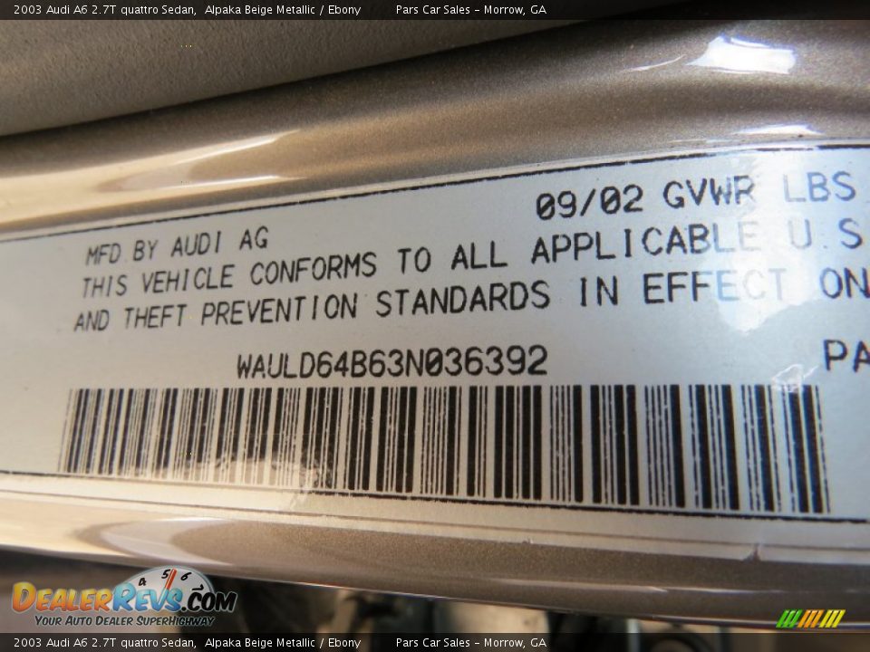 2003 Audi A6 2.7T quattro Sedan Alpaka Beige Metallic / Ebony Photo #15