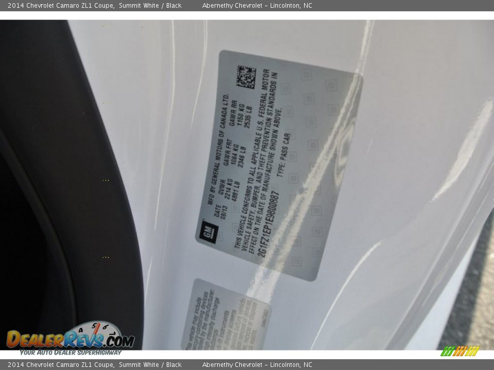 Info Tag of 2014 Chevrolet Camaro ZL1 Coupe Photo #6