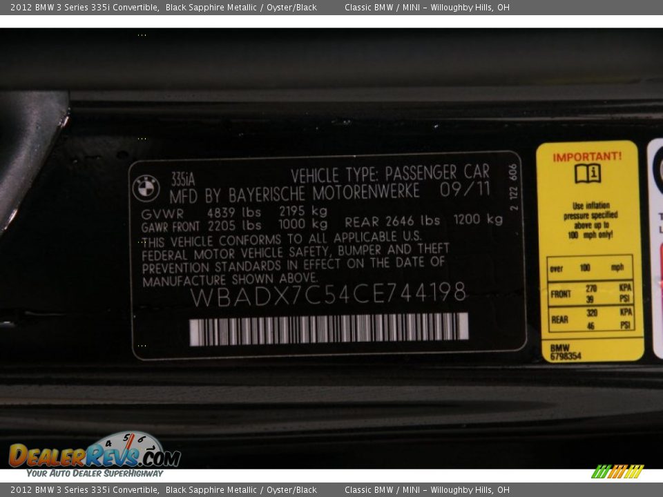 2012 BMW 3 Series 335i Convertible Black Sapphire Metallic / Oyster/Black Photo #34