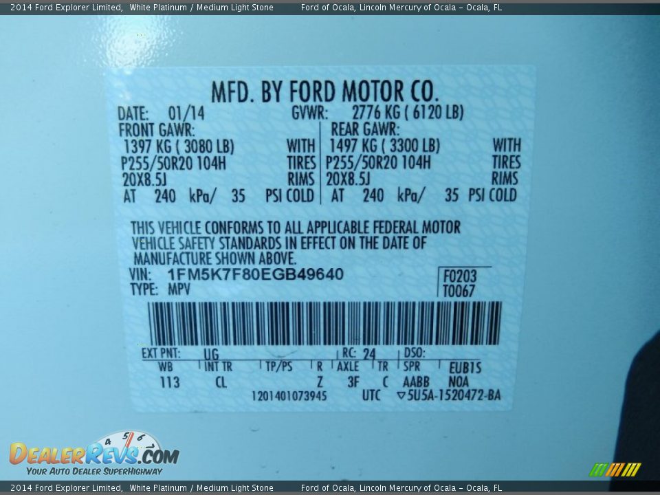 2014 Ford Explorer Limited White Platinum / Medium Light Stone Photo #14