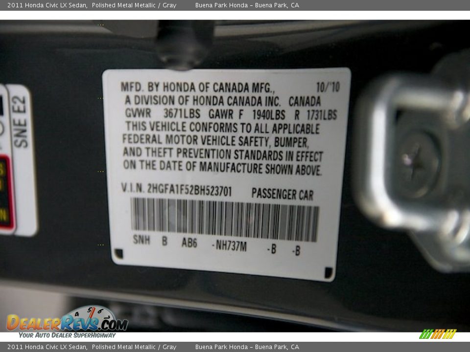 2011 Honda Civic LX Sedan Polished Metal Metallic / Gray Photo #32