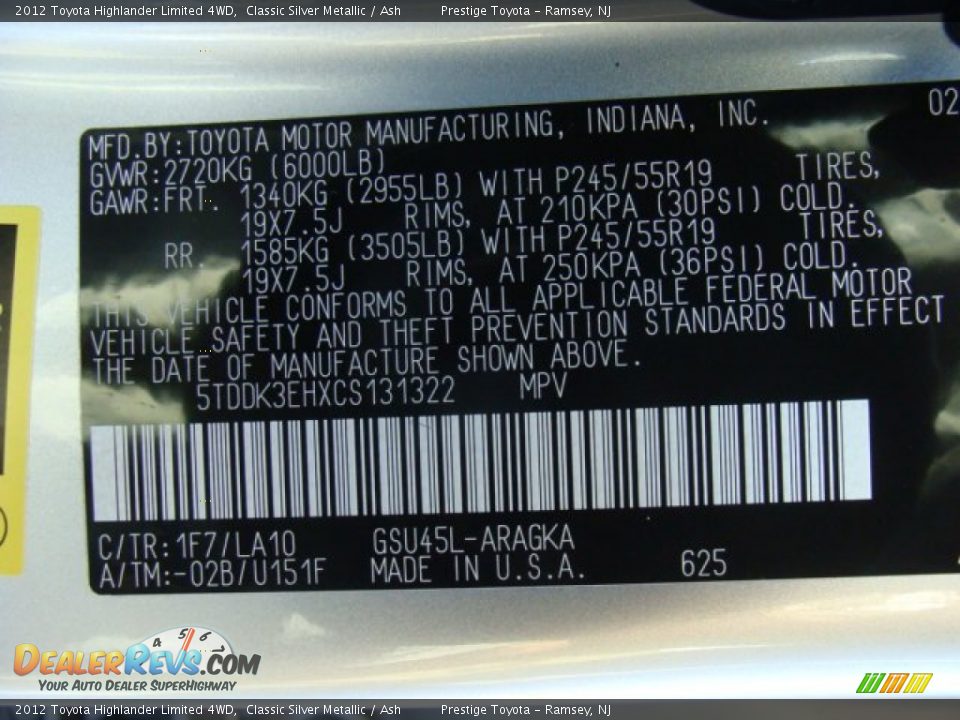 2012 Toyota Highlander Limited 4WD Classic Silver Metallic / Ash Photo #15