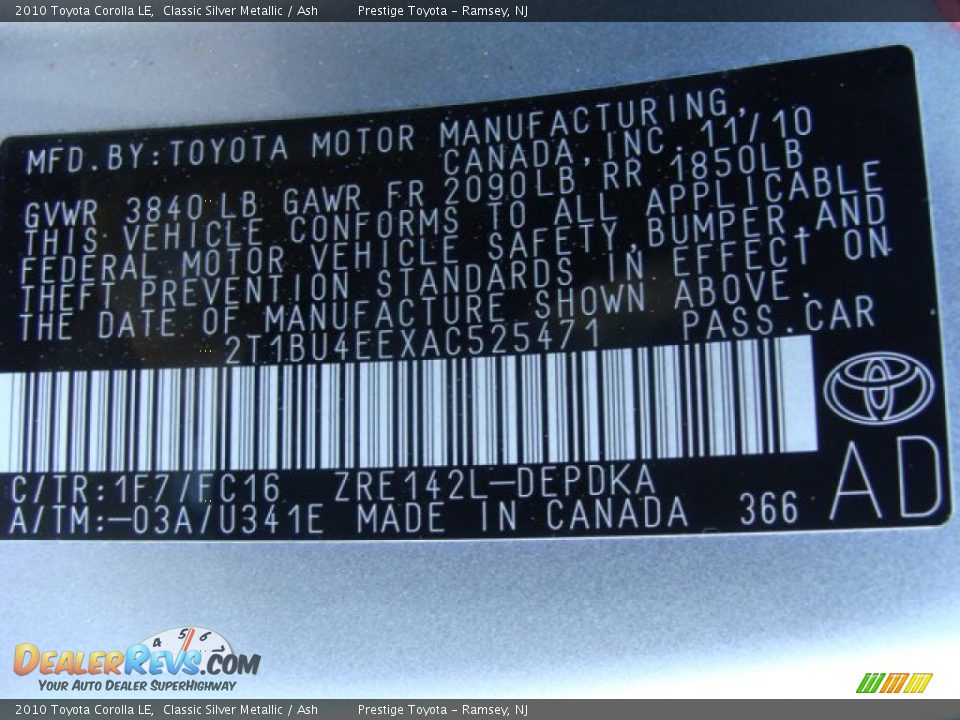 2010 Toyota Corolla LE Classic Silver Metallic / Ash Photo #15