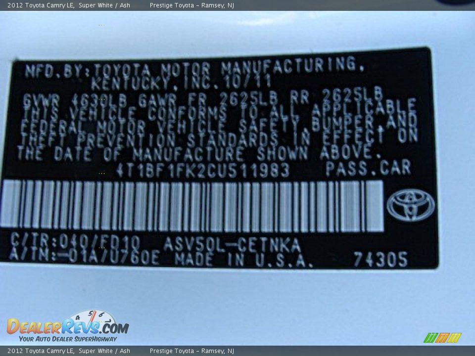 2012 Toyota Camry LE Super White / Ash Photo #15