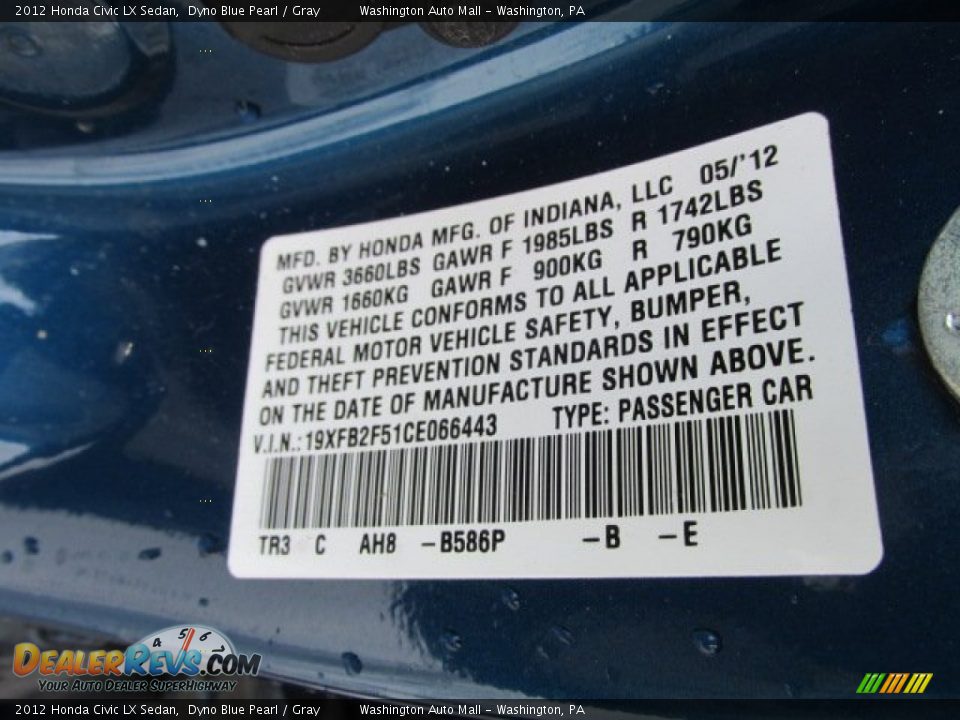 2012 Honda Civic LX Sedan Dyno Blue Pearl / Gray Photo #18