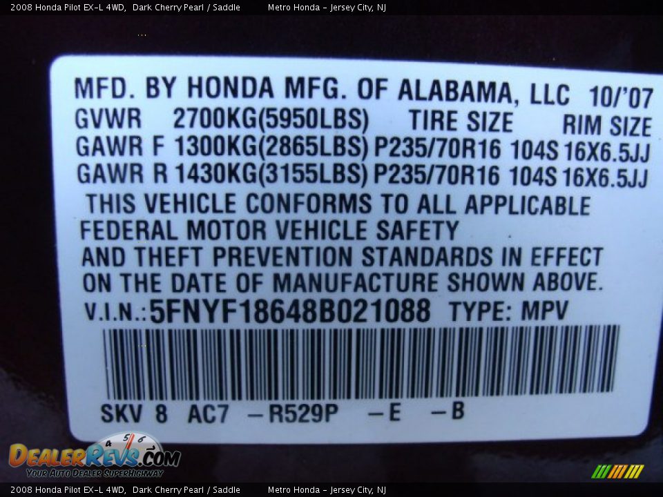 2008 Honda Pilot EX-L 4WD Dark Cherry Pearl / Saddle Photo #16