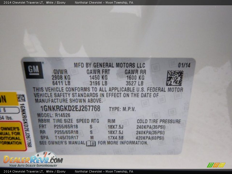 2014 Chevrolet Traverse LT White / Ebony Photo #20