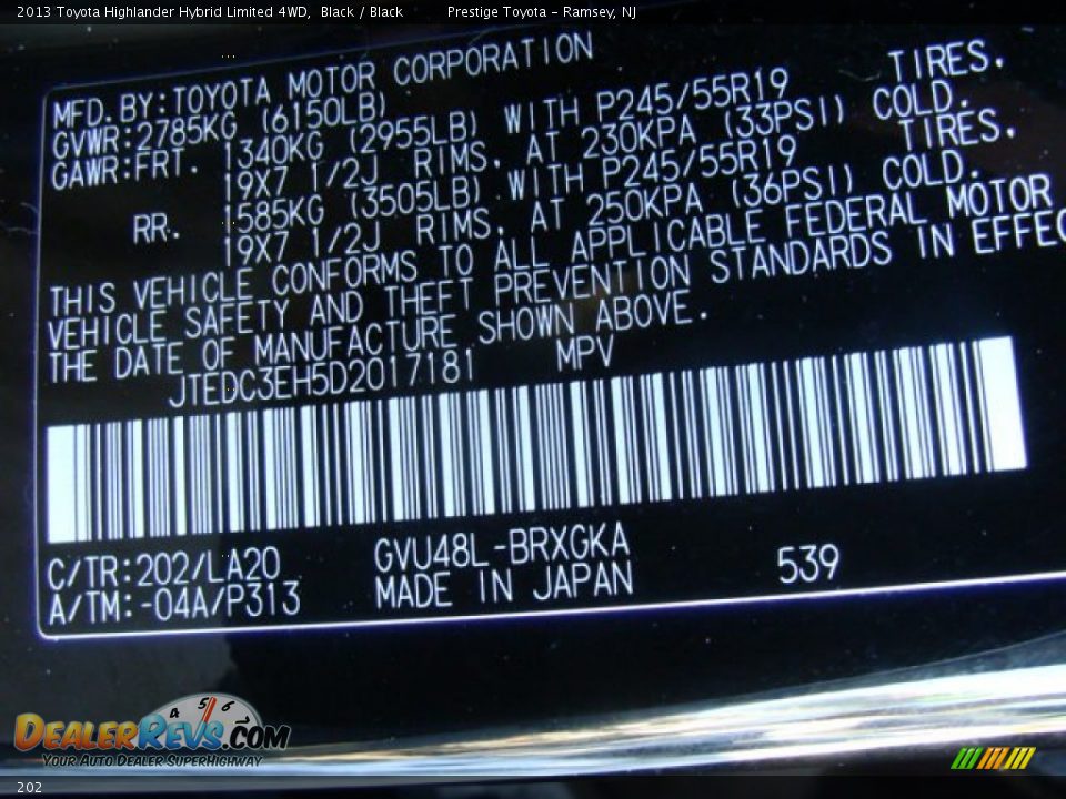 Toyota Color Code 202 Black