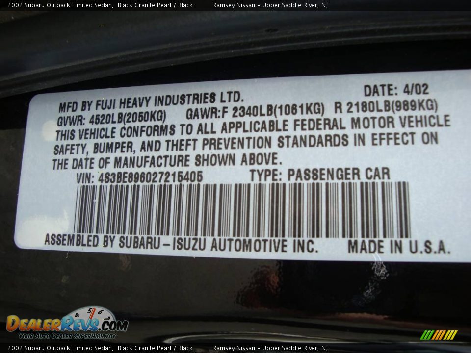 2002 Subaru Outback Limited Sedan Black Granite Pearl / Black Photo #26