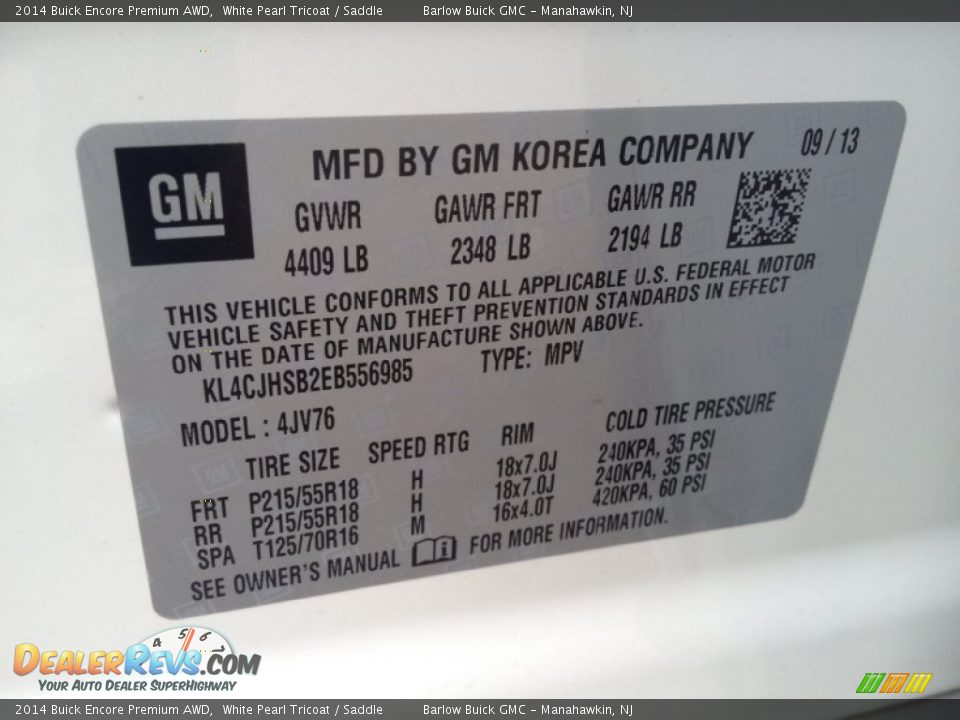 Info Tag of 2014 Buick Encore Premium AWD Photo #9
