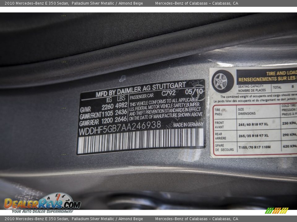 2010 Mercedes-Benz E 350 Sedan Palladium Silver Metallic / Almond Beige Photo #21