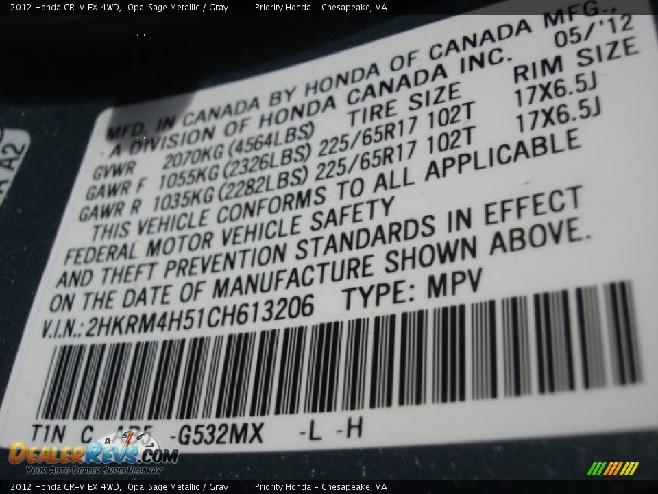 2012 Honda CR-V EX 4WD Opal Sage Metallic / Gray Photo #30