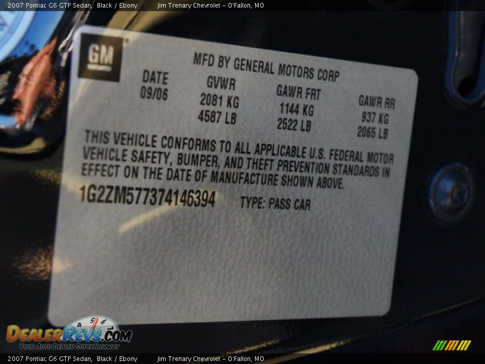 Info Tag of 2007 Pontiac G6 GTP Sedan Photo #17