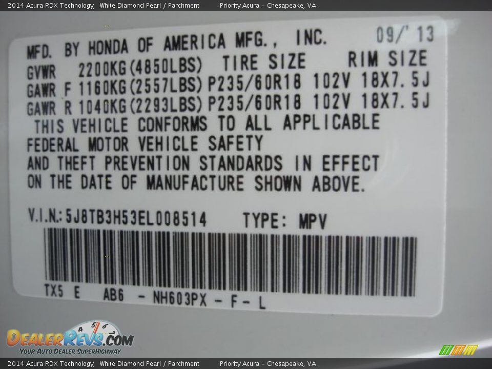 2014 Acura RDX Technology White Diamond Pearl / Parchment Photo #29