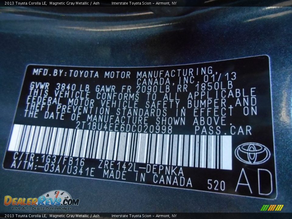 2013 Toyota Corolla LE Magnetic Gray Metallic / Ash Photo #25