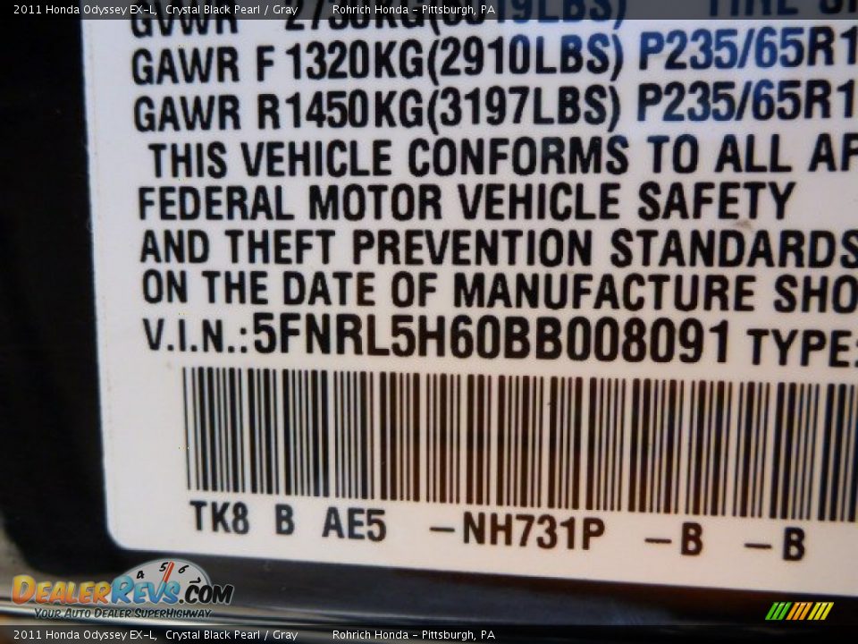 2011 Honda Odyssey EX-L Crystal Black Pearl / Gray Photo #25