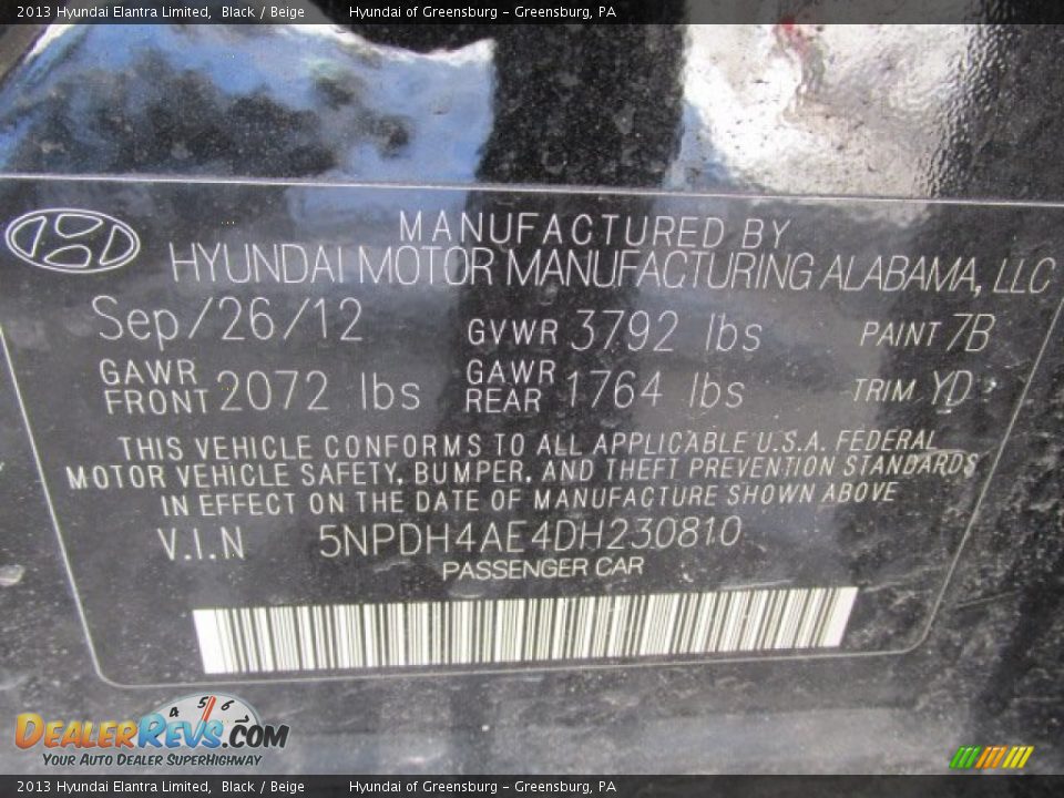 2013 Hyundai Elantra Limited Black / Beige Photo #24