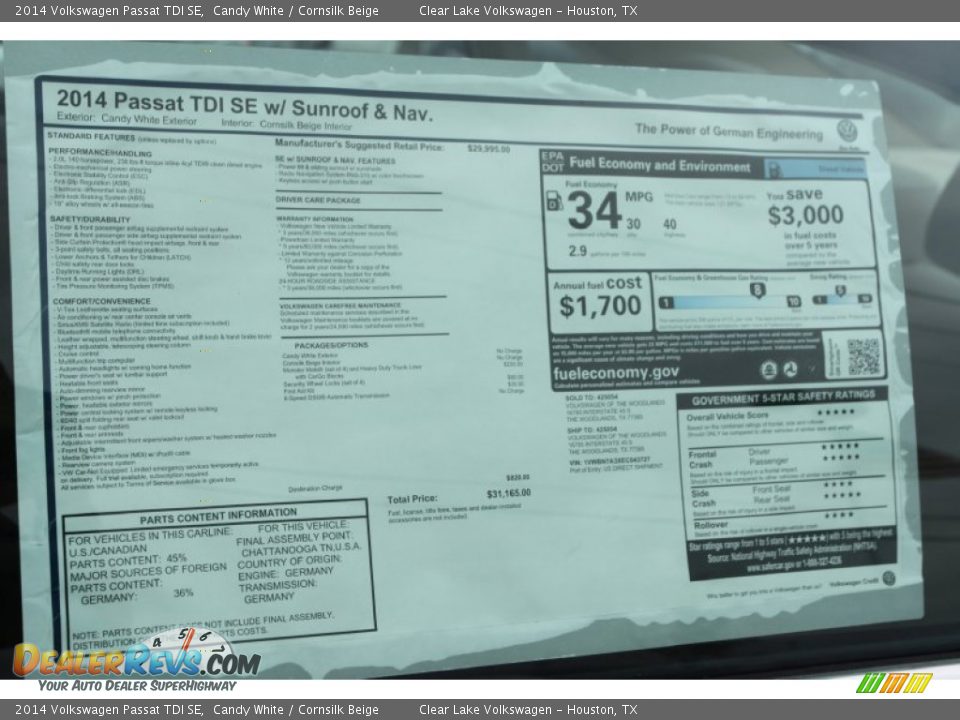 2014 Volkswagen Passat TDI SE Candy White / Cornsilk Beige Photo #6