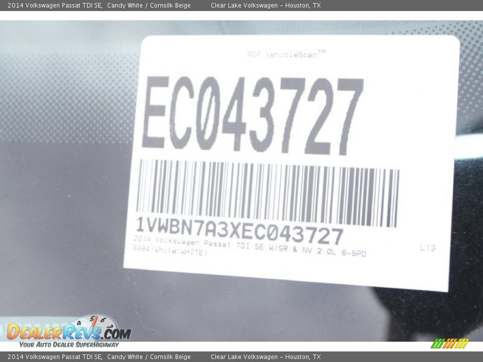 2014 Volkswagen Passat TDI SE Candy White / Cornsilk Beige Photo #35
