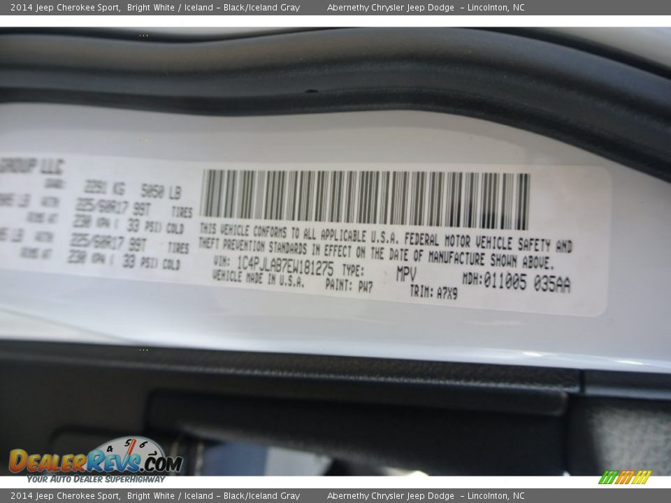 2014 Jeep Cherokee Sport Bright White / Iceland - Black/Iceland Gray Photo #8