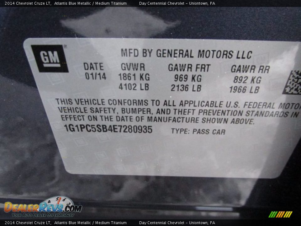 2014 Chevrolet Cruze LT Atlantis Blue Metallic / Medium Titanium Photo #19