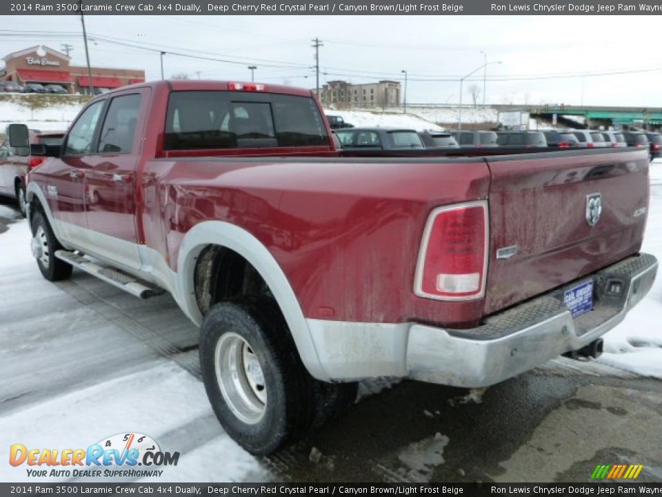 2014 Ram 3500 Laramie Crew Cab 4x4 Dually Deep Cherry Red Crystal Pearl / Canyon Brown/Light Frost Beige Photo #3