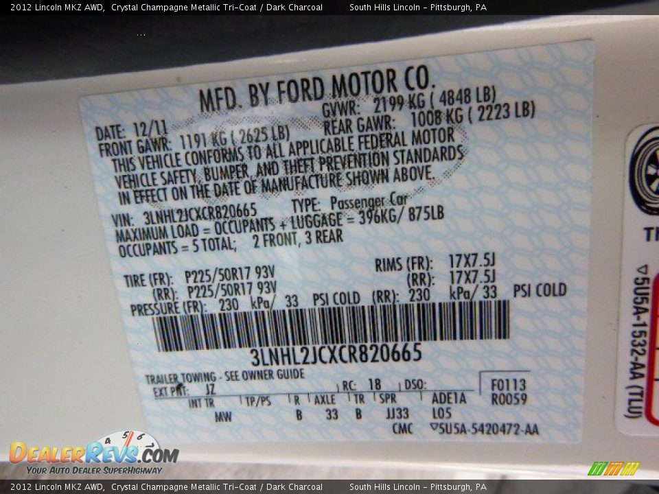 2012 Lincoln MKZ AWD Crystal Champagne Metallic Tri-Coat / Dark Charcoal Photo #24