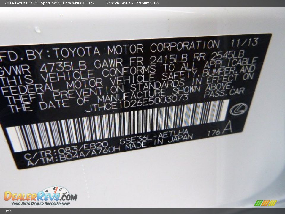 Lexus Color Code 083 Ultra White