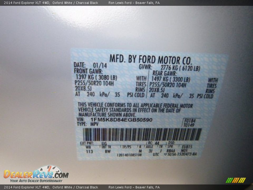 2014 Ford Explorer XLT 4WD Oxford White / Charcoal Black Photo #20