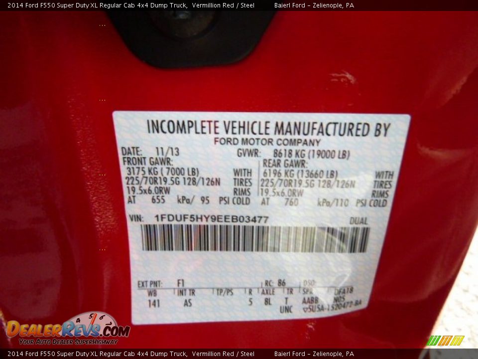2014 Ford F550 Super Duty XL Regular Cab 4x4 Dump Truck Vermillion Red / Steel Photo #20