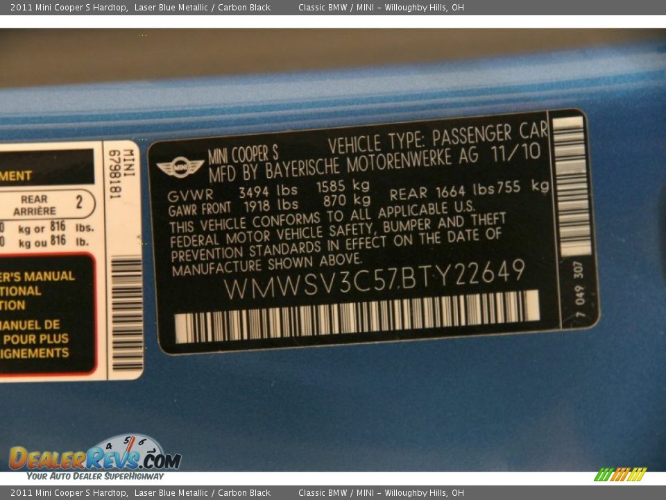 2011 Mini Cooper S Hardtop Laser Blue Metallic / Carbon Black Photo #22