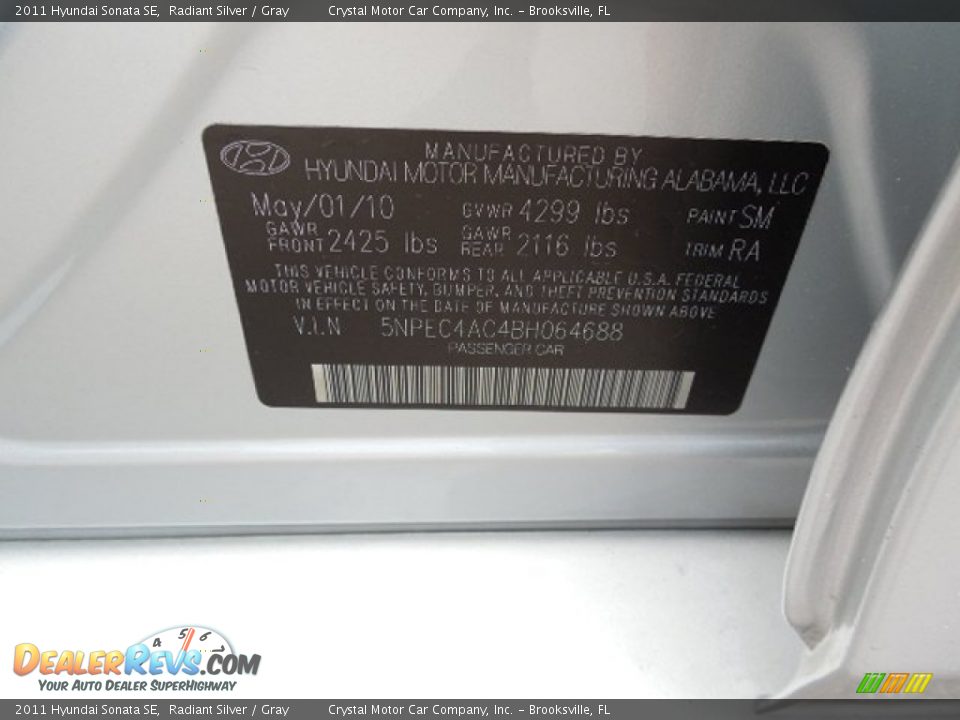 2011 Hyundai Sonata SE Radiant Silver / Gray Photo #23