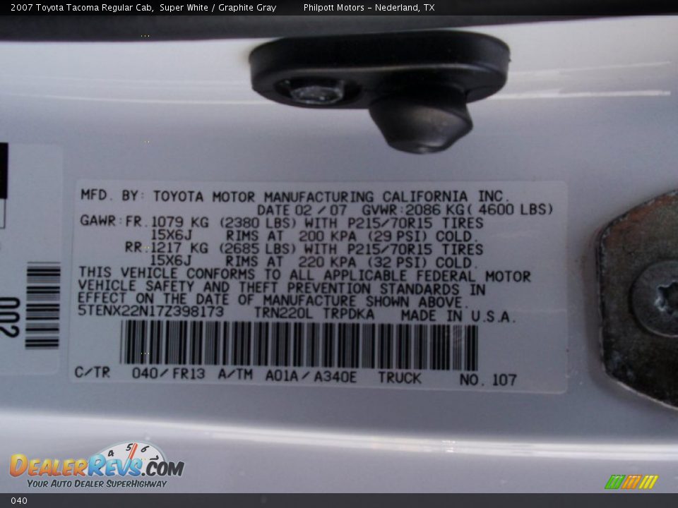 Toyota Color Code 040 Super White