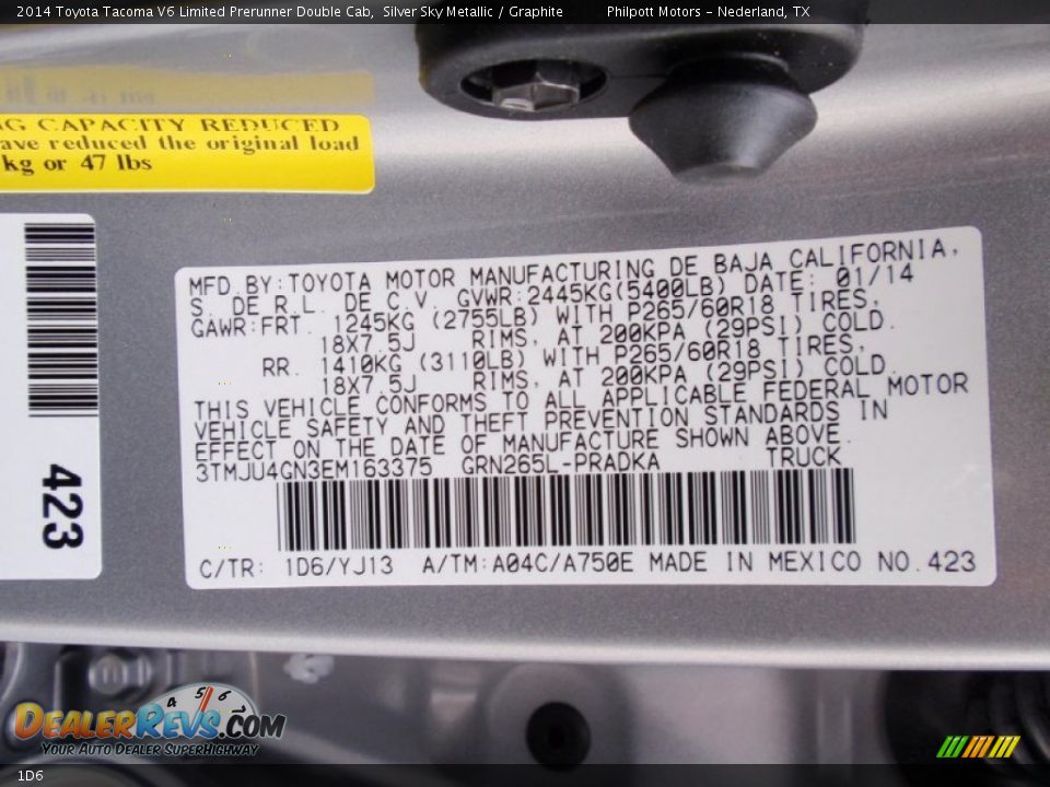 Toyota Color Code 1D6 Silver Sky Metallic