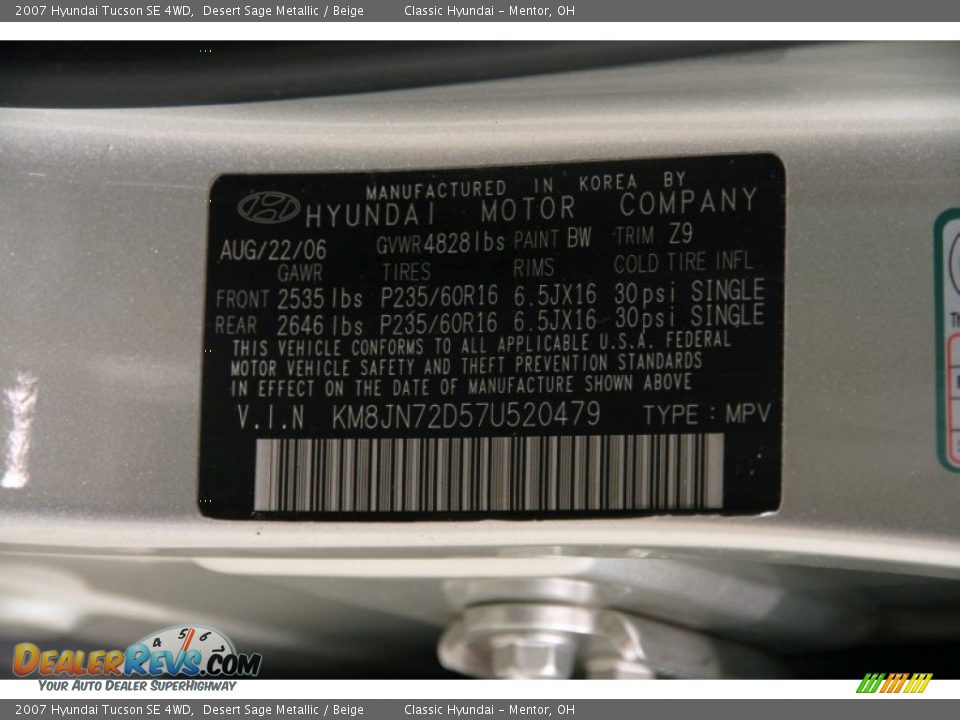 2007 Hyundai Tucson SE 4WD Desert Sage Metallic / Beige Photo #17