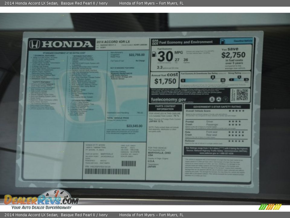 2014 Honda Accord LX Sedan Basque Red Pearl II / Ivory Photo #9